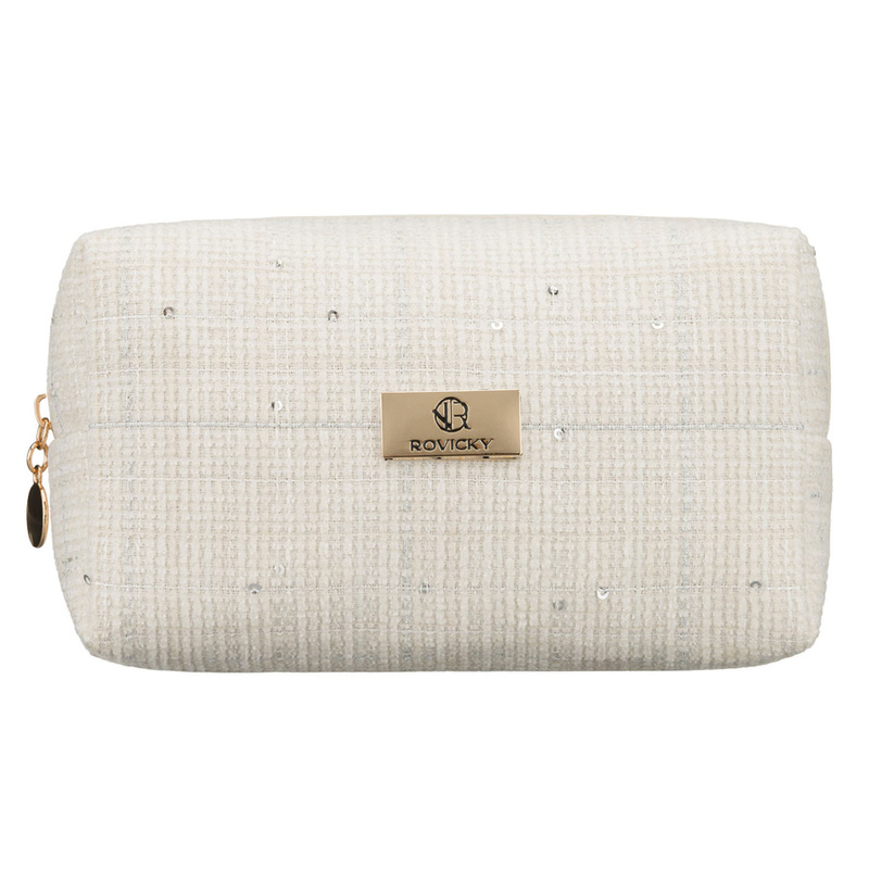 Pojemna kosmetyczka damska wykonana z materiału syntetycznego w beżowym kolorze, zamykana suwakiem - Rovicky