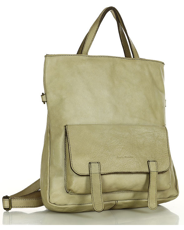 Skórzana torebka plecak z kieszenią z przodu - MARCO MAZZINI beż taupe