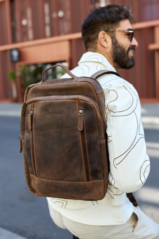 Plecak skórzany na laptopa 15,6 biznesowy duży A4 pojemny brązowy premium Beltimore N09