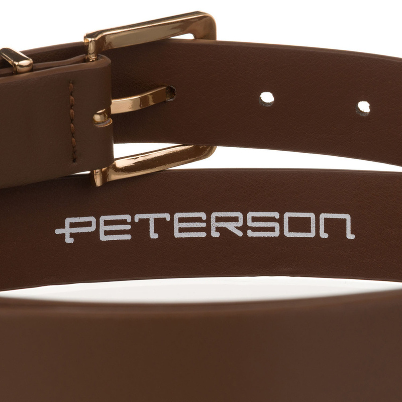 Wąski pasek damski ze skóry ekologicznej w kolorze khaki ze złotą klamrą - Peterson