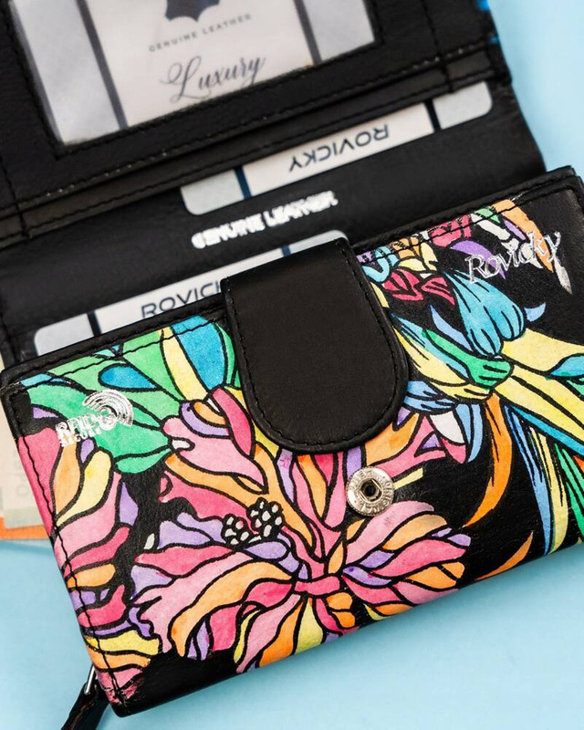 Rovicky Pojemny skórzany portfel damski na zatrzask roślinny wzór