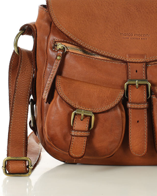 MARCO MAZZINI Skórzana torebka listonoszka z kieszeniami safari handmade bag camel