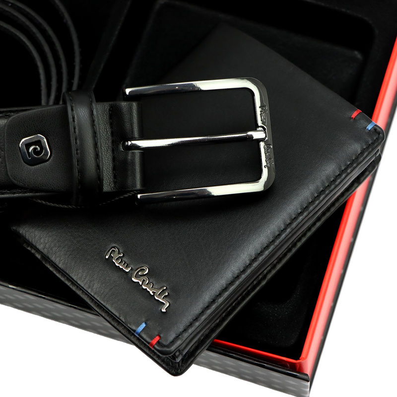 Pierre Cardin pionowy portfel i pasek do spodni męski skóra naturalna