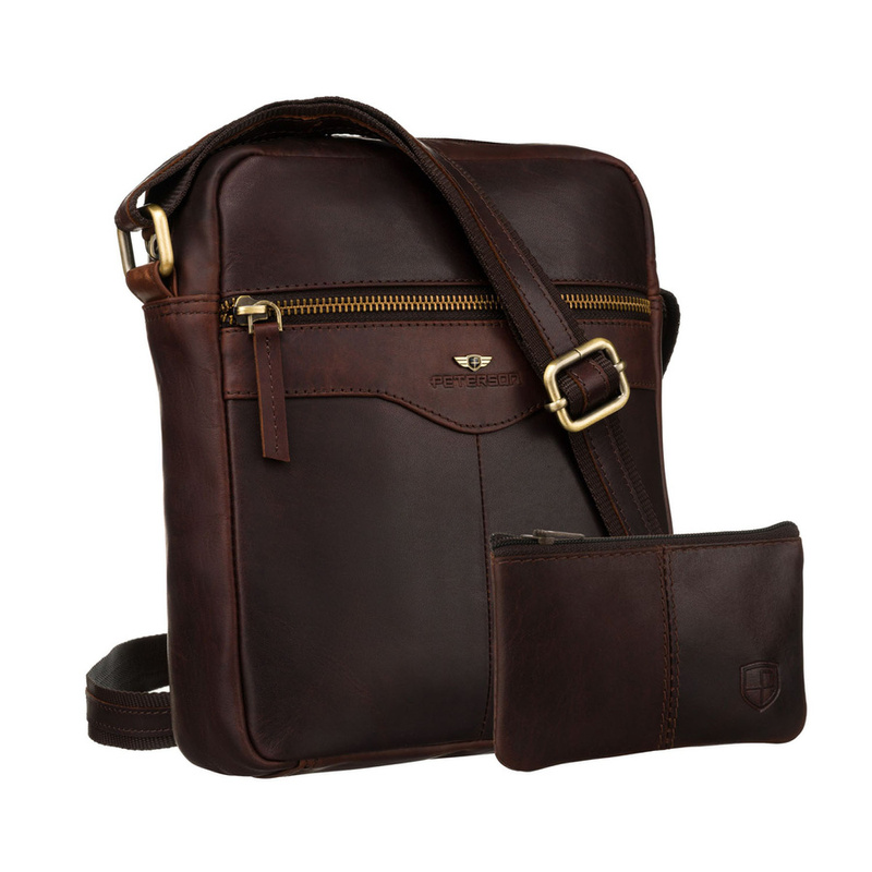 Skórzana, brązowa listonoszka męska z kieszonką - Peterson