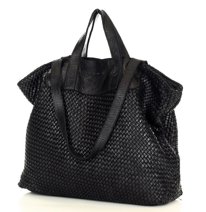 Torba damska pleciona shopper & shoulder leather bag - MARCO MAZZINI czarna