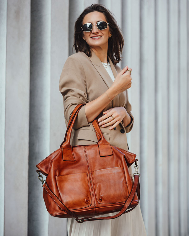 Torebka skórzana shopper bag - MARCO MAZZINI camel