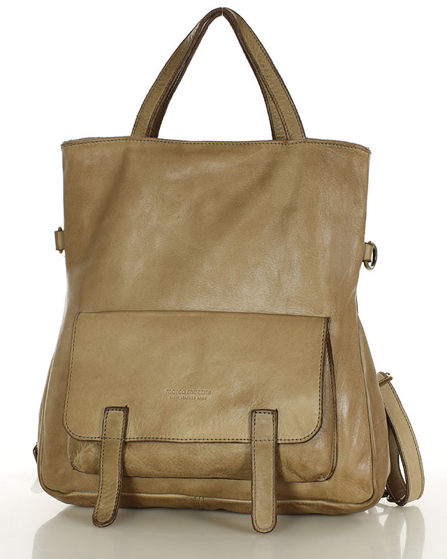 Skórzana torebka plecak z kieszenią z przodu - MARCO MAZZINI beż taupe