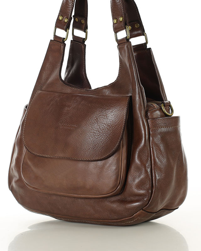 Włoska torebka skórzana z kieszenią z przodu retro bag handmade - MARCO MAZZINI czekoladowy brąz
