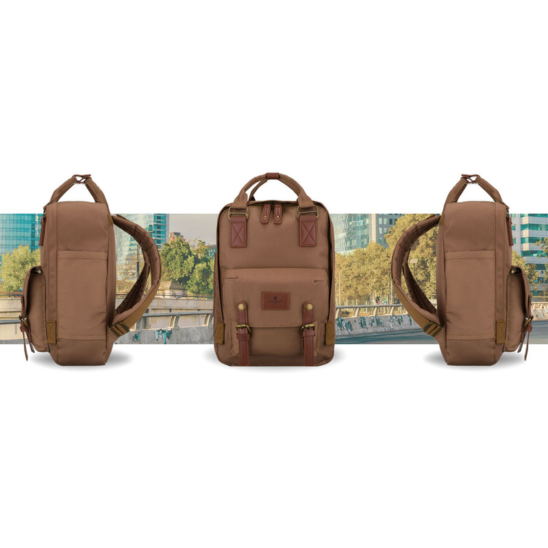 Plecak damski z poliestru i skóry ekologicznej w brązowym kolorze, jednokomorowy - Peterson