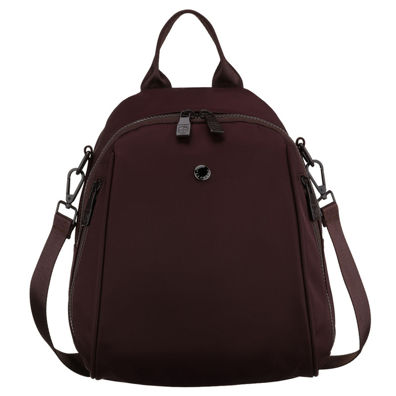 Mały, bordowy plecak damski wykonany z poliestru, wyposażony w dodatkowy pasek - Peterson