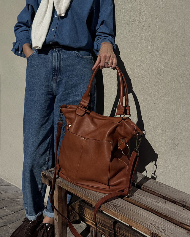 Torebka skórzana XL shopper vintage bag z kieszeniami vera pelle - MARCO MAZZINI brąz migdałowy