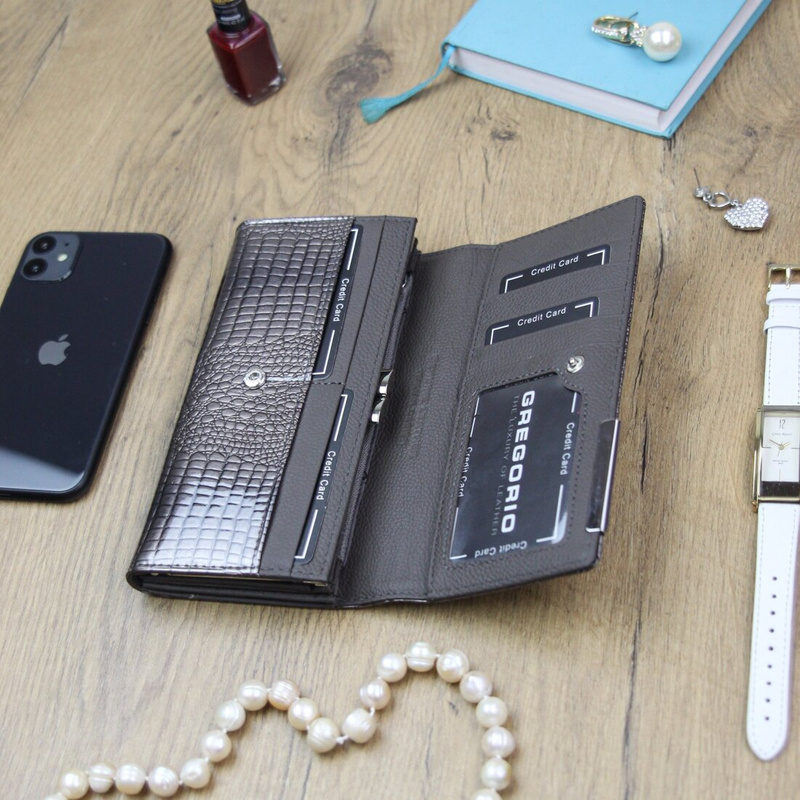 Gregorio damski portfel skóra naturalna podłużny klasyczny skóra krokodyla