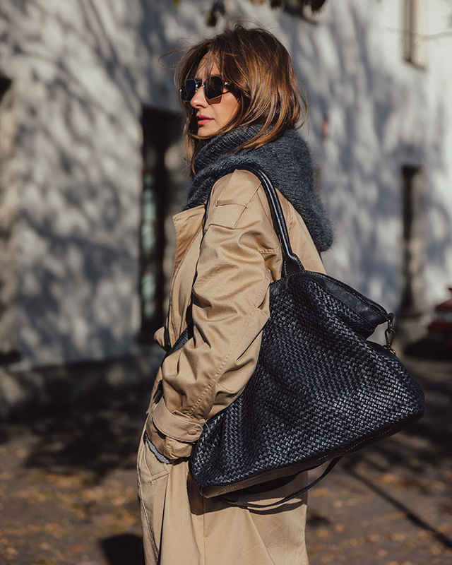 Duża torba shopper z plecionej skóry naturalnej - MARCO MAZZINI czarna