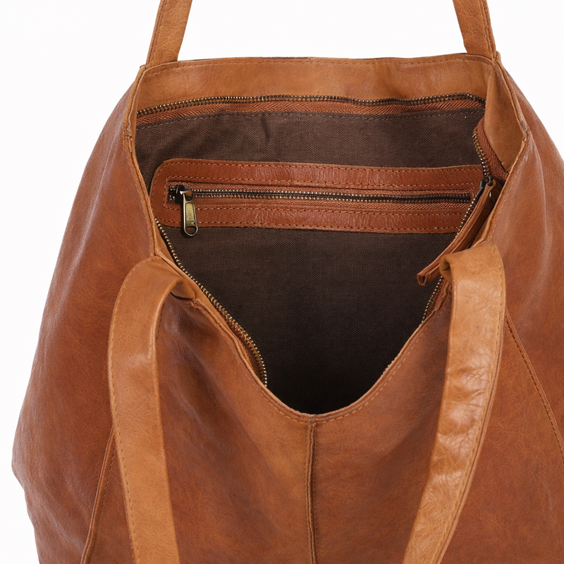 Miękka torba typu shopper skórzana na ramię - MAZZINI - brąz camel