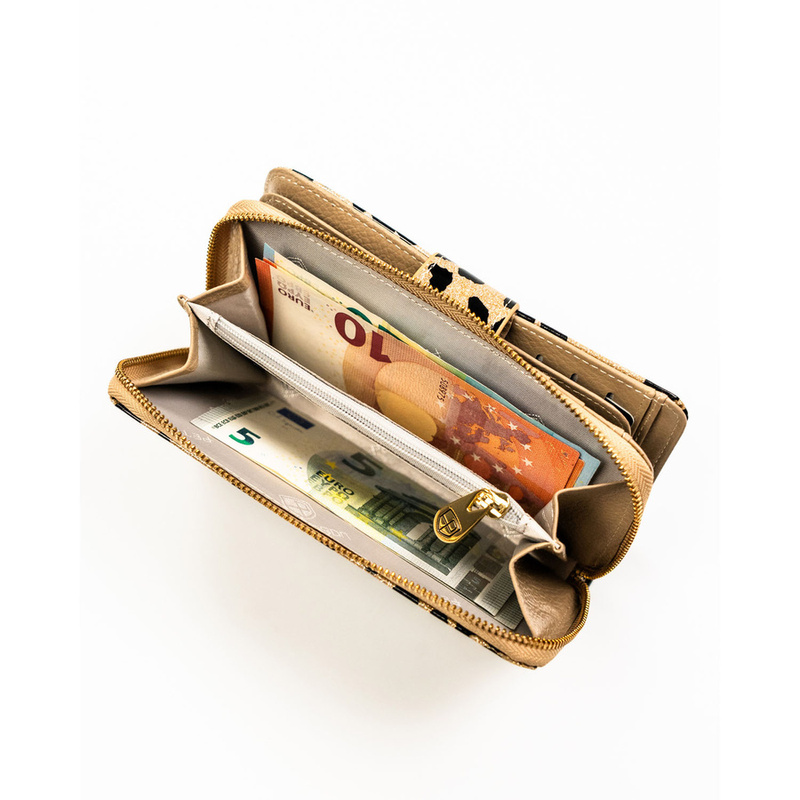 Złoty, pionowy portfel damski ze skóry ekologicznej i naturalnej w cętki, wyposażony w system RFID - Peterson