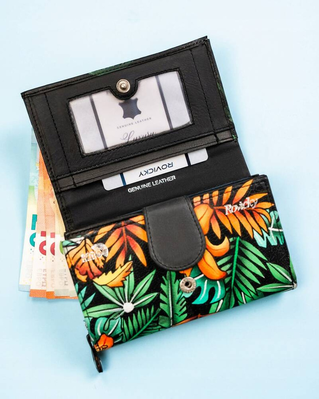 Rovicky Pojemny skórzany portfel damski na zatrzask roślinny wzór