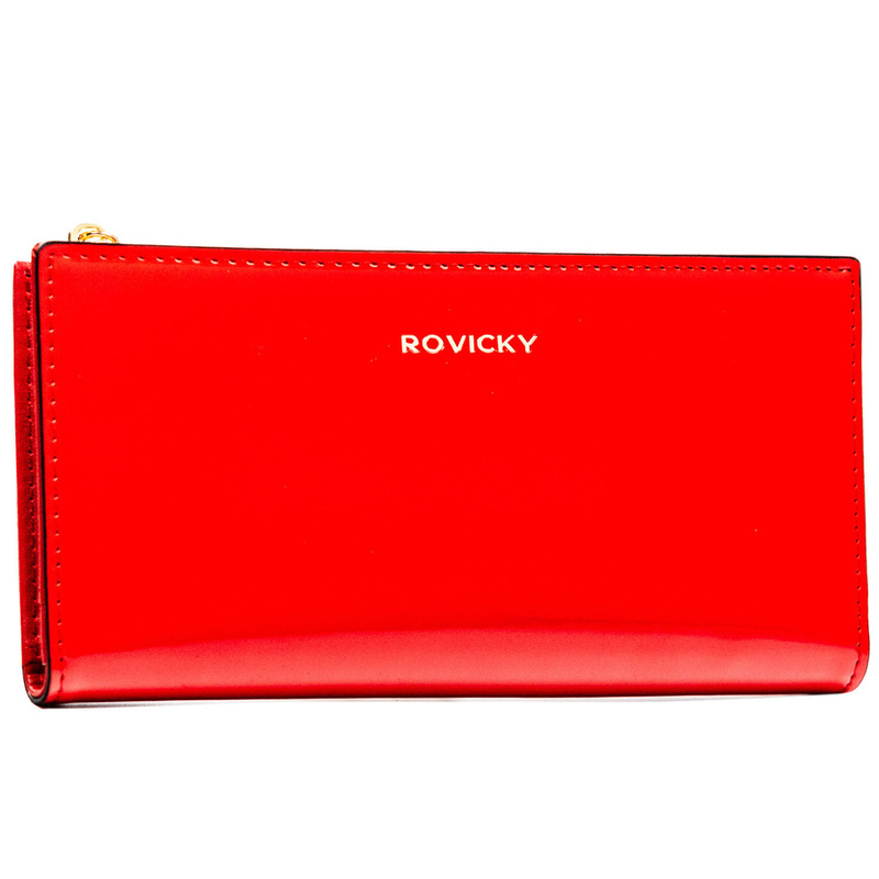 Czerwony, duży portfel damski ze skóry ekologicznej zamykany suwakiem i zatrzaskiem - Rovicky