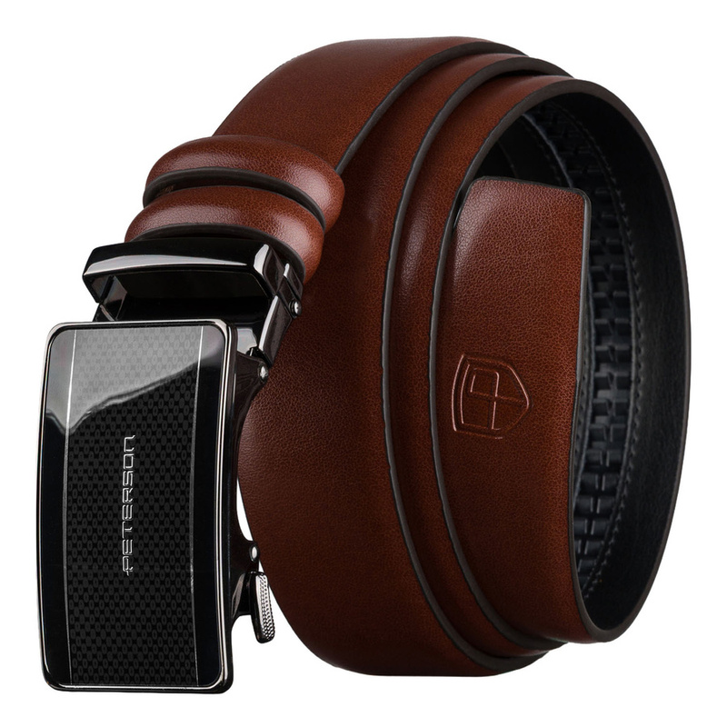 Brązowy pasek męski z automatyczną klamrą wykonany ze skóry naturalnej - Peterson