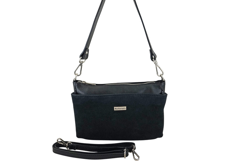 Pojemna torebka listonoszka ze skóry i zamszu - Czarna