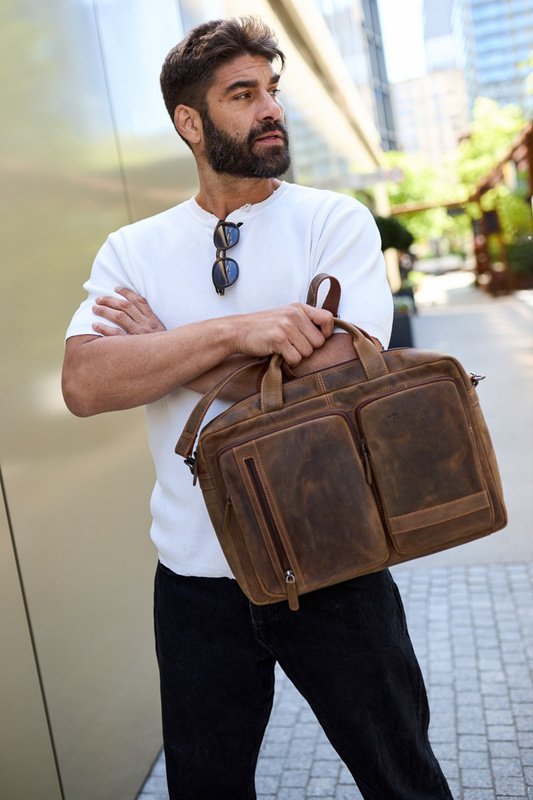 Torba męska skórzana na ramię laptopa duża brązowa nubuk biznesowa Beltimore N07