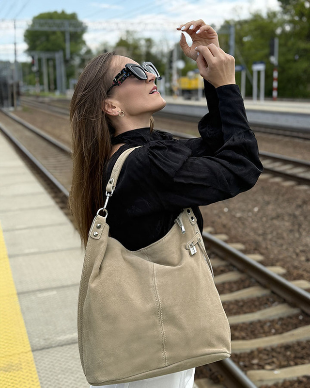 Torebka skórzana ponadczasowy design worek na ramię XL hobo leather bag - MARCO MAZZINI nubuk beżowa