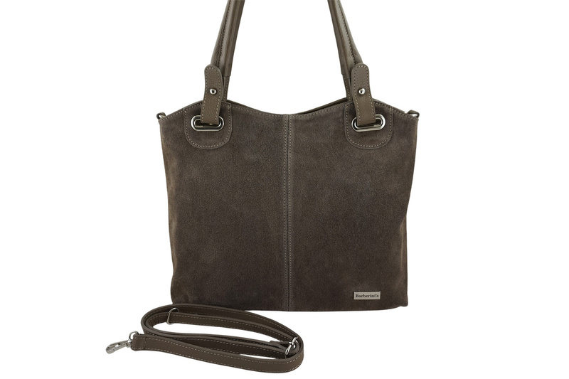 Duża elegancka torebka z naturalnej skóry i zamszu - Beżowa ciemna