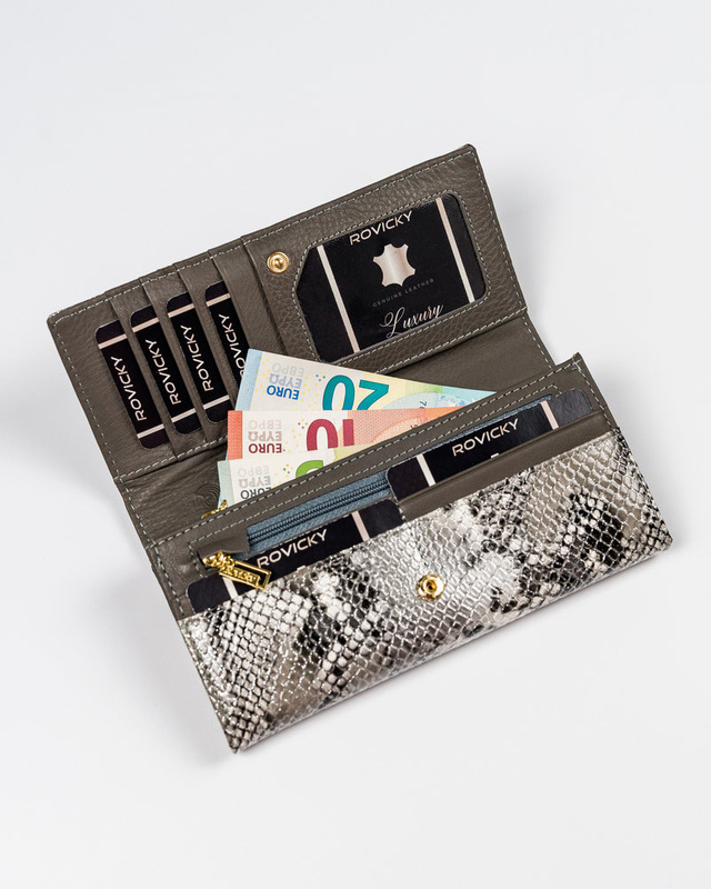 Rovicky skórzany damski portfel podłużny duży wzór skóra węża system RFID