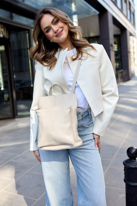 Skórzany plecak damski torba 2w1 elegancki A4 włoski pojemny ecru Vera Pelle S40