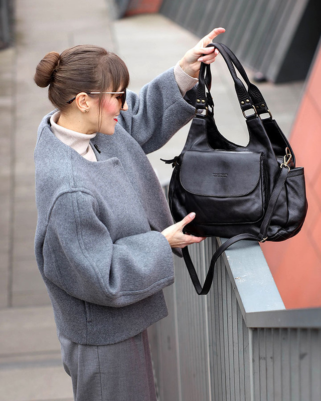 Włoska torebka skórzana z kieszenią z przodu retro bag handmade - MARCO MAZZINI czarny