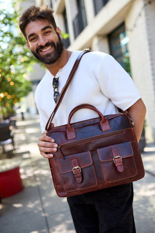 Torba męska skórzana na ramię laptopa duża ciemno-brązowa biznesowa Beltimore N02