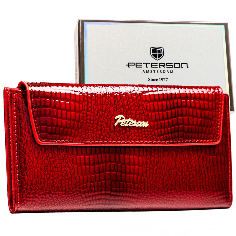 Duży, poziomy portfel damski ze skóry ekologicznej w czerwonym kolorze z tłoczeniem na wzór skóry krokodyla - Peterson