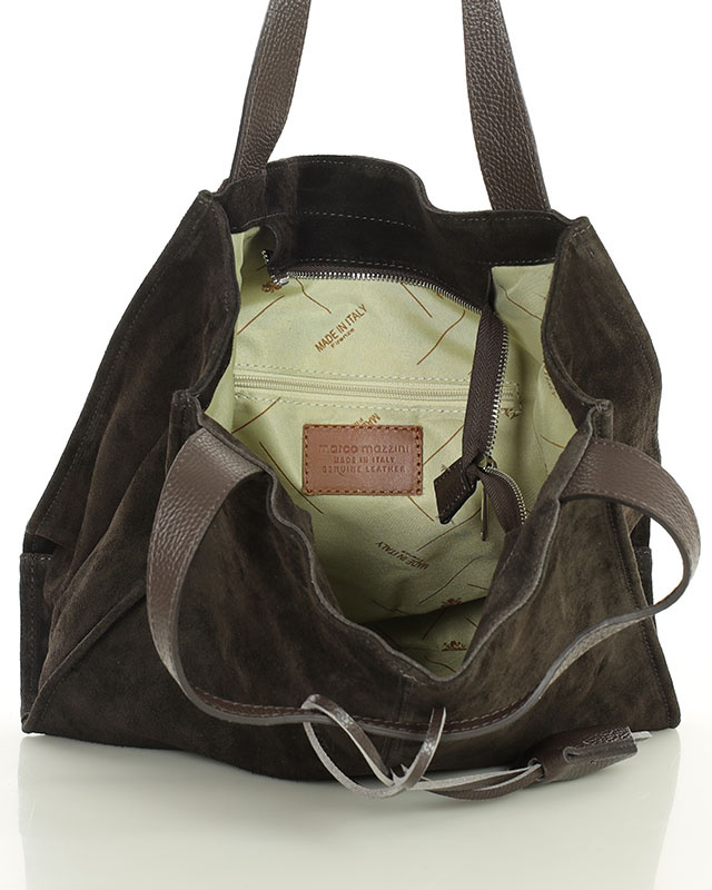 Ciemnobrązowa torba zamszowa ze skóry typu shopper - MARCO MAZZINI
