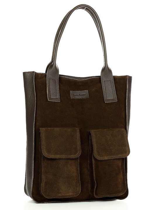 Torebka zamszowa shopper bag z kieszeniami skóra naturalna - MARCO MAZZINI ciemny brąz