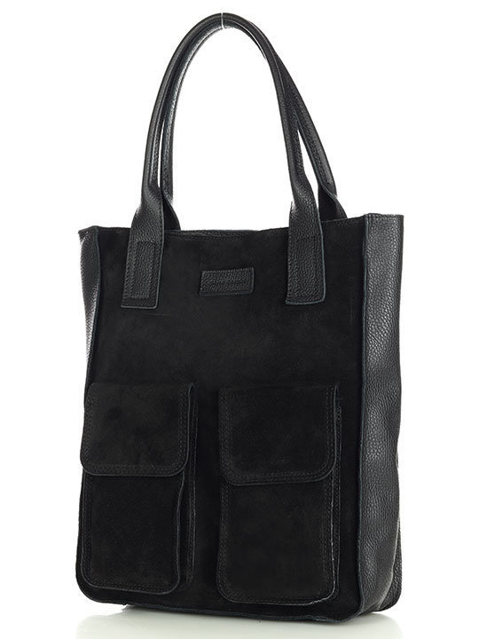 Torebka zamszowa shopper bag z kieszeniami skóra naturalna - MARCO MAZZINI czarny