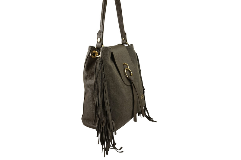 Skórzana torebka boho z frędzlami - Beżowa ciemna