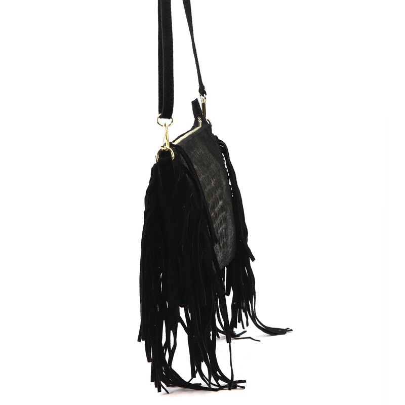 Vera Pelle skórzana damska listonoszka torebka przez ramię z frędzlami