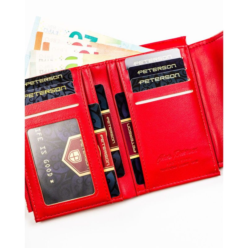 Poziomy, czerwony i gładki portfel damski ze skóry ekologicznej zamykany zatrzaskiem magnetycznym - Peterson