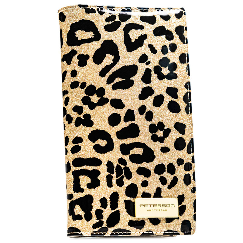 Duży, złoty, pionowy portfel damski ze skóry ekologicznej i naturalnej w cętki zamykany magnesem - Peterson