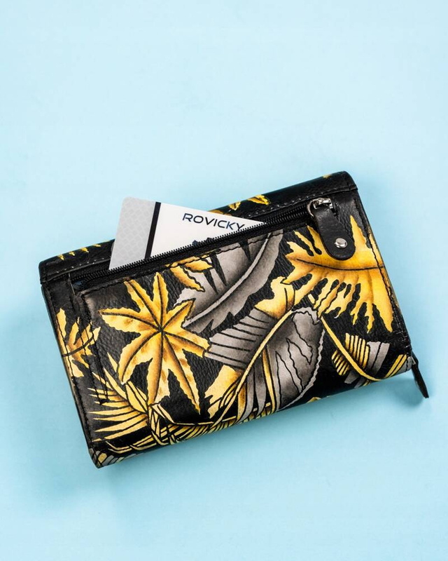 Rovicky Pojemny skórzany portfel damski na zatrzask roślinny wzór