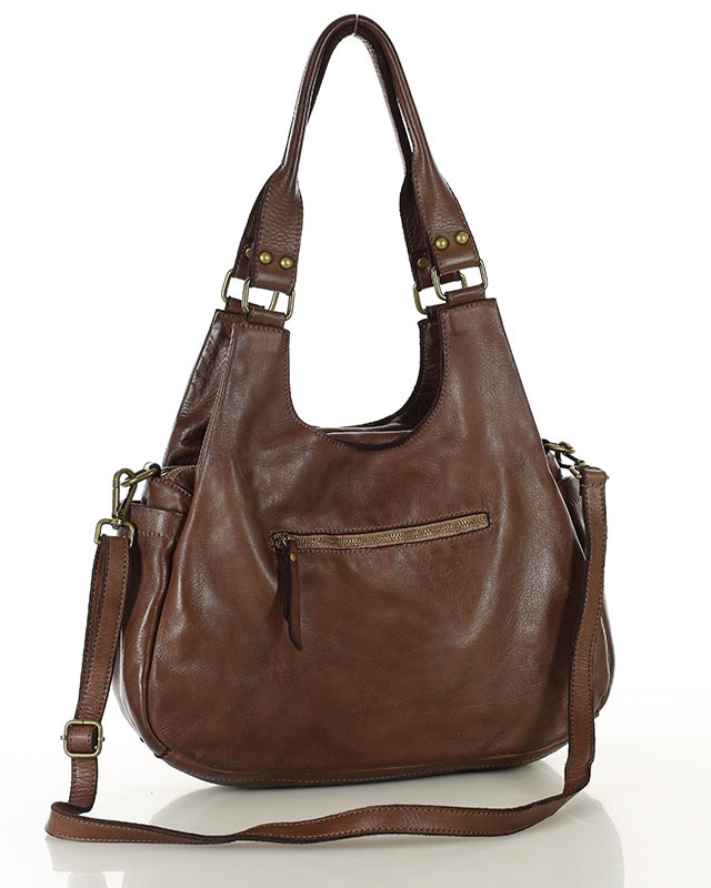 Włoska torebka skórzana z kieszenią z przodu retro bag handmade - MARCO MAZZINI czekoladowy brąz