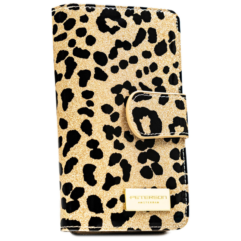 Złoty, pionowy portfel damski ze skóry ekologicznej i naturalnej w cętki, wyposażony w system RFID - Peterson