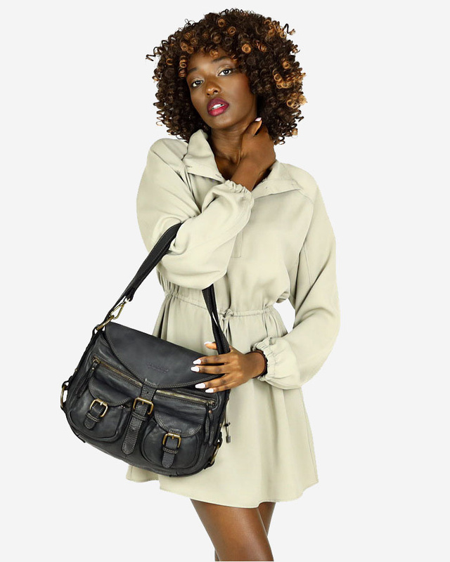 MARCO MAZZINI Skórzana torebka listonoszka z kieszeniami safari handmade bag czarna