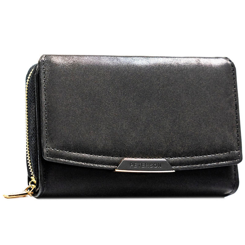 Czarny portfel damski ze skóry ekologicznej zamykany na zatrzask i suwak - Peterson