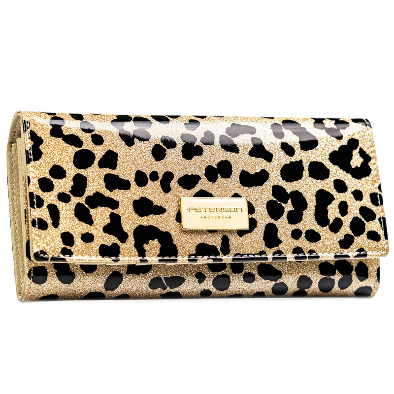 Duży portfel damski ze skóry ekologicznej i naturalnej w złotym kolorze zamykany zatrzaskiem - Peterson