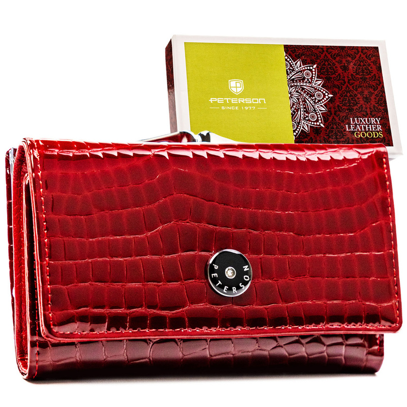Czerwony portfel damski ze skóry naturalnej zamykany na zatrzask i bigiel - Peterson