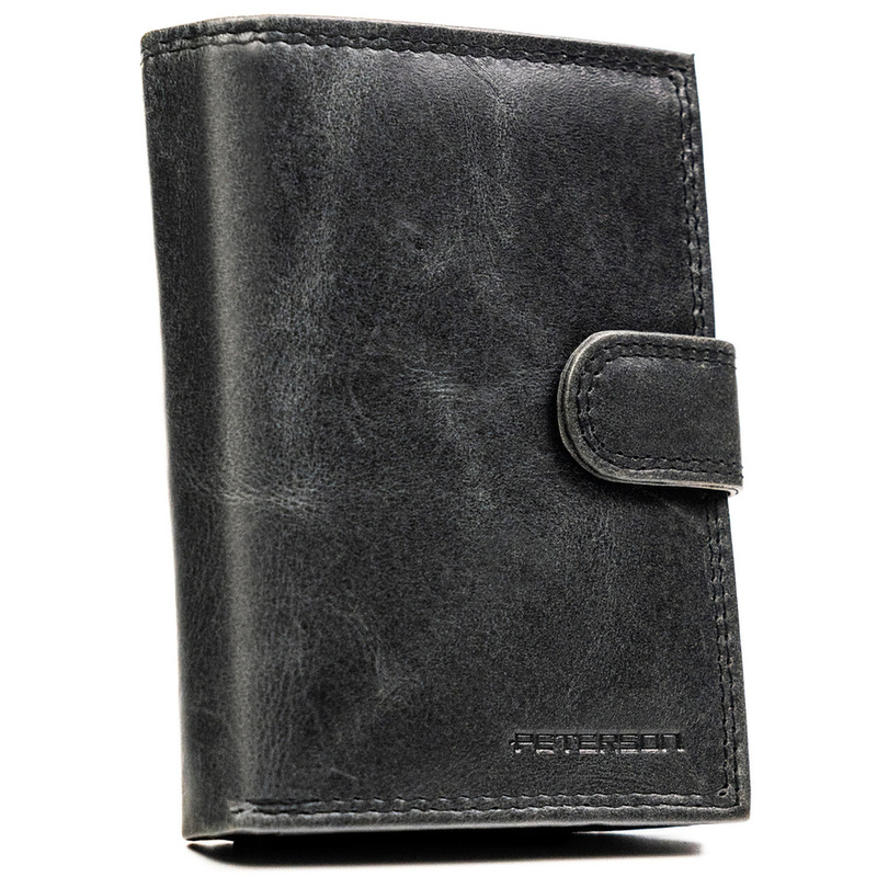 Pionowy portfel męski ze skóry naturalnej w czarnym kolorze zamykany na zatrzask - Peterson