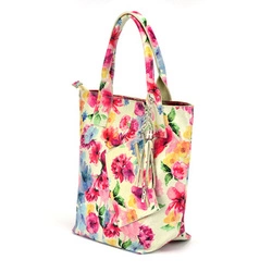 Duża skórzana damska Shopperbag na ramię w kwiaty