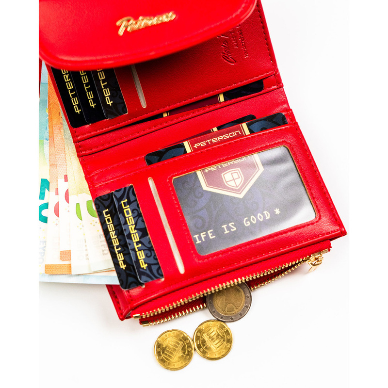Poziomy, czerwony i gładki portfel damski ze skóry ekologicznej zamykany zatrzaskiem magnetycznym - Peterson