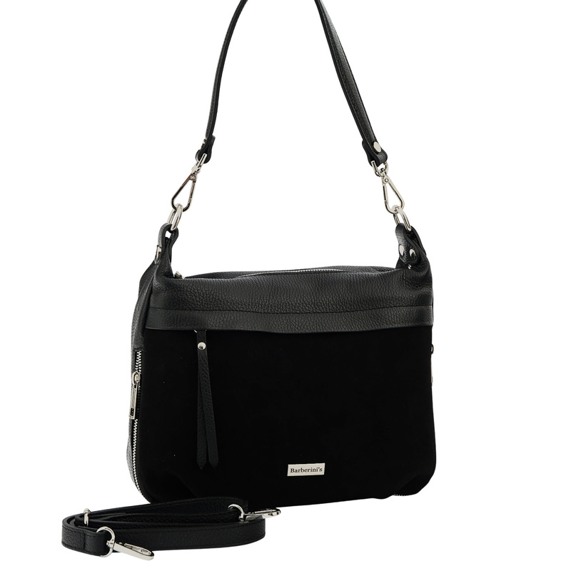 Skórzana torebka z zamszowym akcentem - Czarna