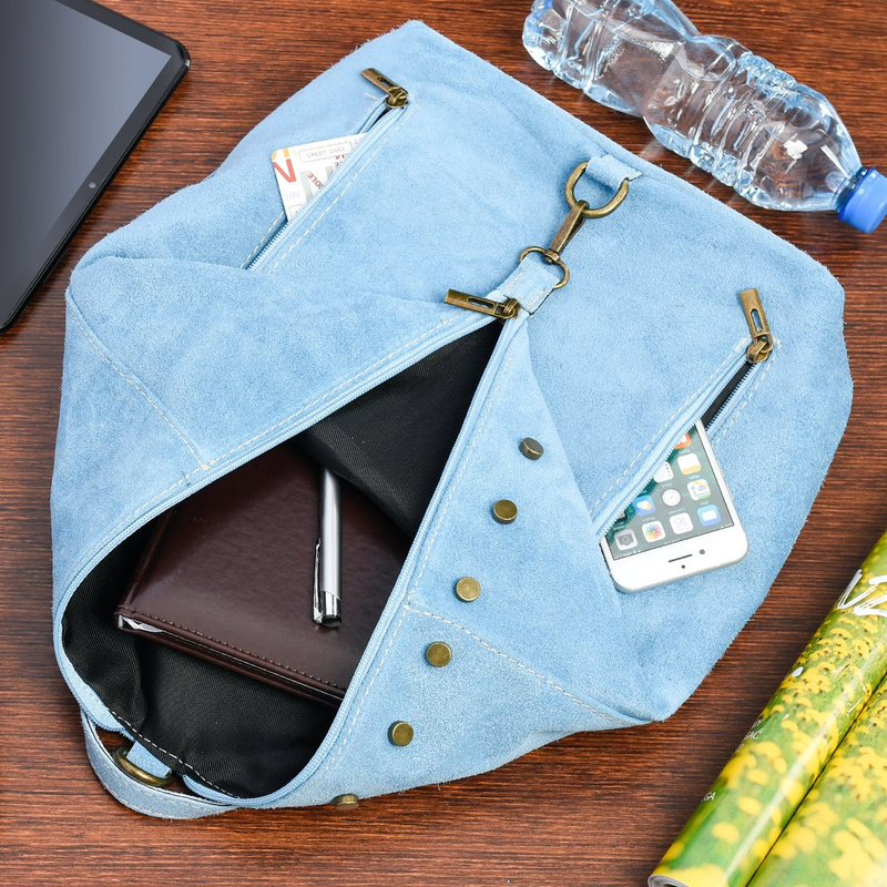 Błękitny plecak damski zamszowy skórzany na ramię Włoski W14